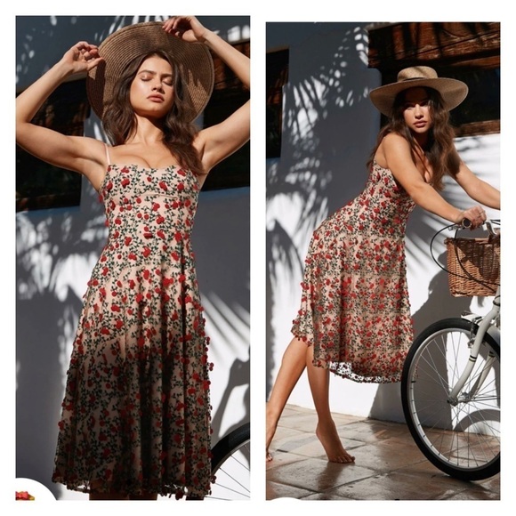 NWT DRESS THE POPULATION Janice Romantic Nude Floral Embroidered Midi Dress XS - Picture 1 of 16